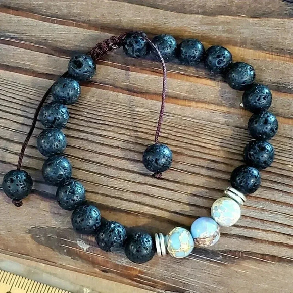 Chakra Healing Gemstone Bracelet Natural Blue Tan Aqua Terra Jasper Black Lava - Picture 6 of 7